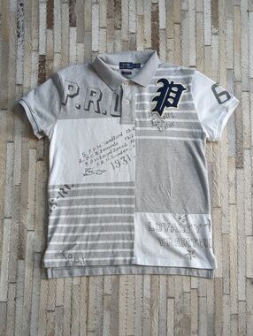 Polo Ralph Lauren Women's S Patchwork Graphic Mesh Gray Navy Polo Shirt
